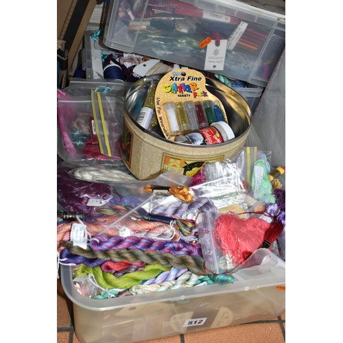 512 - FIVE BOXES OF ARTS AND CRAFTS SUPPLIES to include a large quantity of threads, string, and glitter, ... 