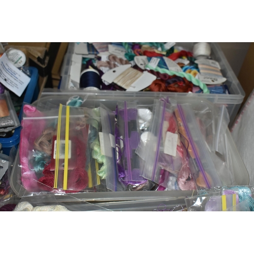 512 - FIVE BOXES OF ARTS AND CRAFTS SUPPLIES to include a large quantity of threads, string, and glitter, ... 