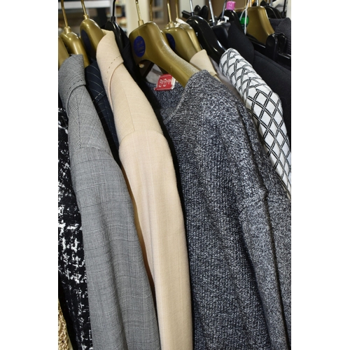 513 - A GROUP OF TWENTY EIGHT LADIES SUITS AND JACKETS, comprising a 'Boss' lightweight pale grey striped ... 