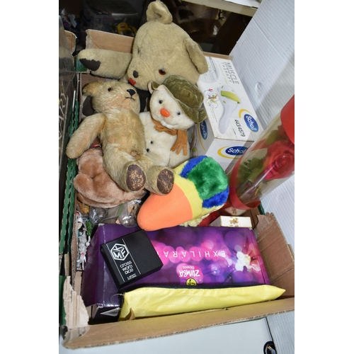 514 - TWO BOXES OF SOFT TOYS AND BOARD GAMES, to include a Commonwealth Games Brisbane 1982 Kangaroo, a Go... 