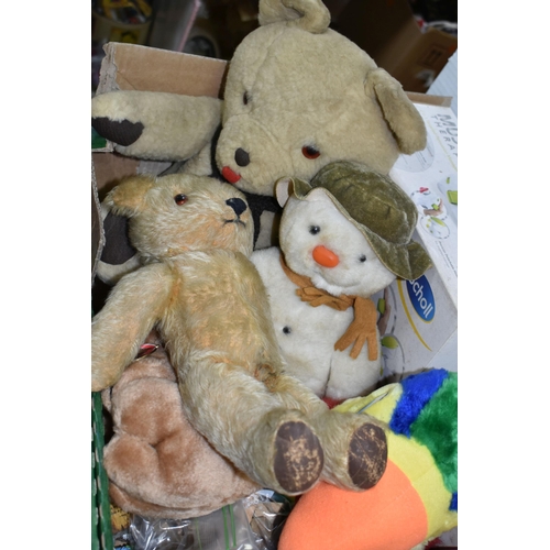 514 - TWO BOXES OF SOFT TOYS AND BOARD GAMES, to include a Commonwealth Games Brisbane 1982 Kangaroo, a Go... 