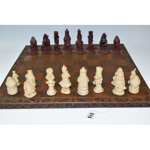 515 - AN ALICE IN WONDERLAND CHESS BOARD AND SET OF THIRTY TWO CHESS PIECES IN RED AND WHITE, comprising  ... 