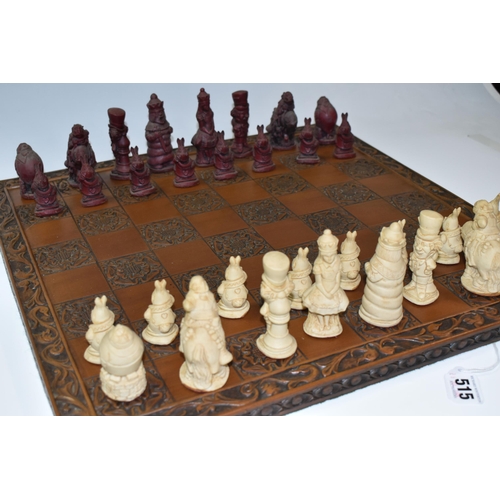 515 - AN ALICE IN WONDERLAND CHESS BOARD AND SET OF THIRTY TWO CHESS PIECES IN RED AND WHITE, comprising  ... 