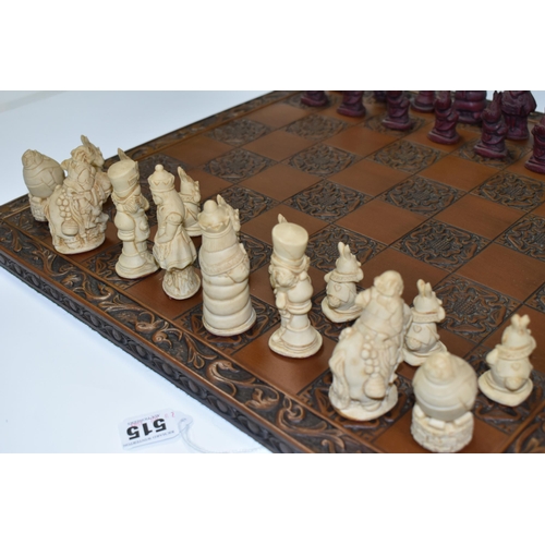 515 - AN ALICE IN WONDERLAND CHESS BOARD AND SET OF THIRTY TWO CHESS PIECES IN RED AND WHITE, comprising  ... 