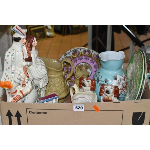 520 - THREE BOXES OF CERAMICS AND FIVE TABLE LAMPS, to include  two Oriental ginger jar style lamps, two o... 