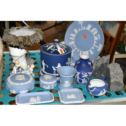 520 - THREE BOXES OF CERAMICS AND FIVE TABLE LAMPS, to include  two Oriental ginger jar style lamps, two o... 