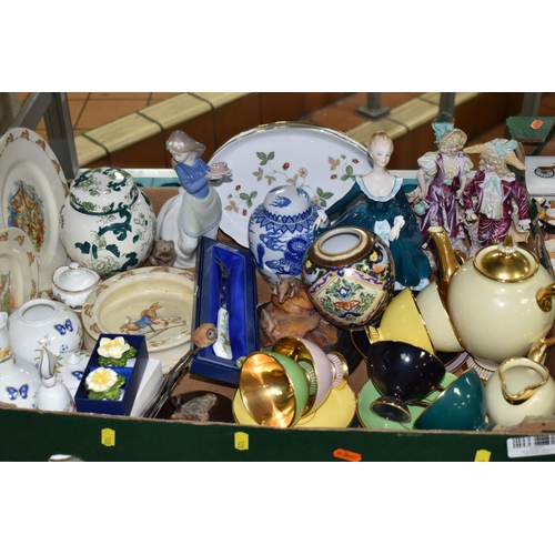 520 - THREE BOXES OF CERAMICS AND FIVE TABLE LAMPS, to include  two Oriental ginger jar style lamps, two o... 