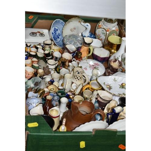 520 - THREE BOXES OF CERAMICS AND FIVE TABLE LAMPS, to include  two Oriental ginger jar style lamps, two o... 