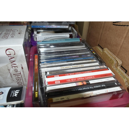 522 - THREE BOXES OF LP RECORDS, CDS AND DVDS, to include approximately one hundred LP records, artists in... 