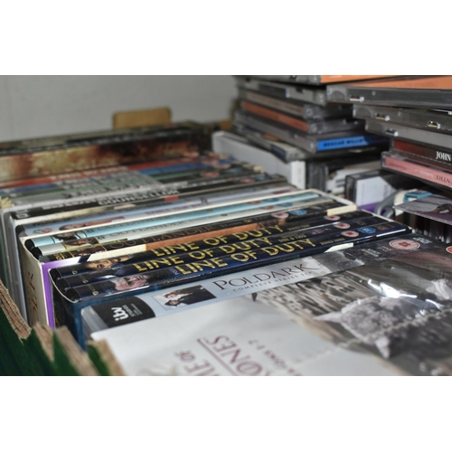 522 - THREE BOXES OF LP RECORDS, CDS AND DVDS, to include approximately one hundred LP records, artists in... 