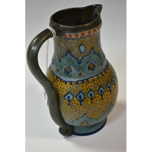 390 - A LIBERTY & CO. ARTS & CRAFTS JUG, decorated in a green, turquoise and yellow Peacock feather design... 