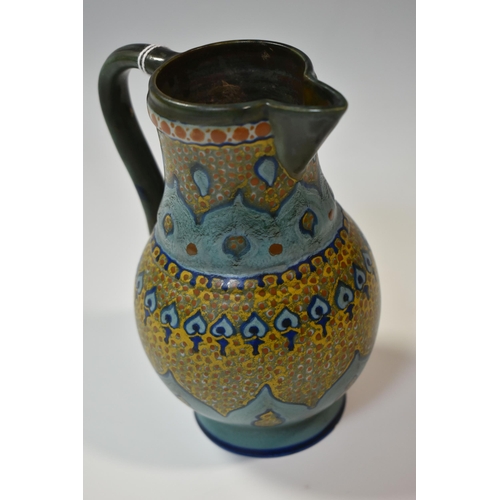 390 - A LIBERTY & CO. ARTS & CRAFTS JUG, decorated in a green, turquoise and yellow Peacock feather design... 