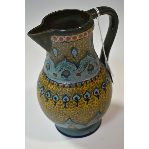 390 - A LIBERTY & CO. ARTS & CRAFTS JUG, decorated in a green, turquoise and yellow Peacock feather design... 