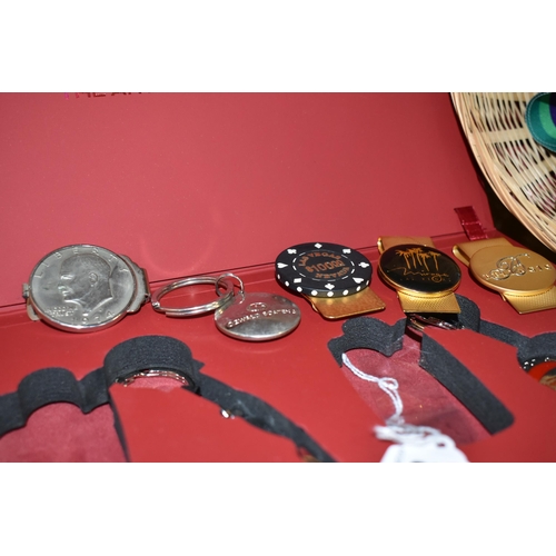 403 - A PRESENTATION BOXED SET OF JAGUAR KEY RINGS,  four bill folds to include a silver dollar 1974, Bell... 