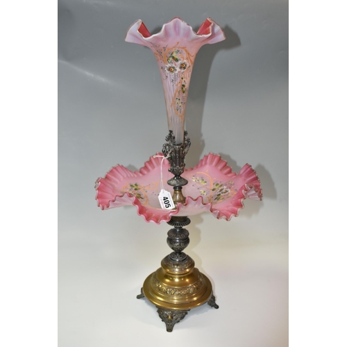 405 - A VICTORIAN WMF PINK SATIN GLASS EPERGNE, a 19th century  circular table centrepiece epergne, silver... 