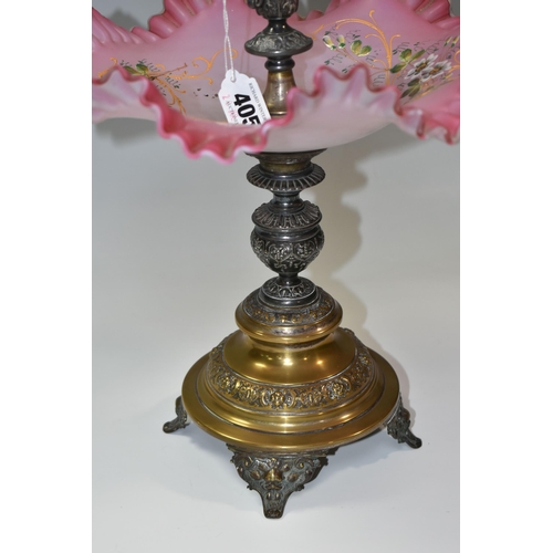 405 - A VICTORIAN WMF PINK SATIN GLASS EPERGNE, a 19th century  circular table centrepiece epergne, silver... 