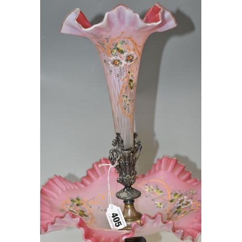 405 - A VICTORIAN WMF PINK SATIN GLASS EPERGNE, a 19th century  circular table centrepiece epergne, silver... 