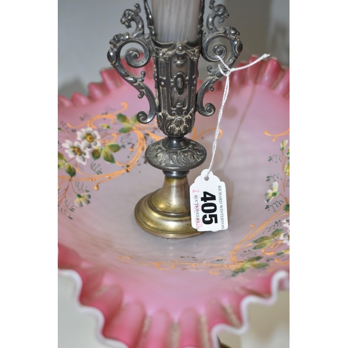 405 - A VICTORIAN WMF PINK SATIN GLASS EPERGNE, a 19th century  circular table centrepiece epergne, silver... 