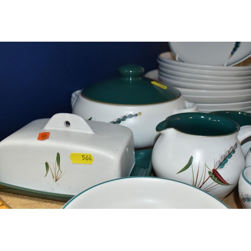 564 - A FIFTY-FOUR DENBY GREENWHEAT DINING SET comprising a rectangular oven dish, a rectangular covered t... 