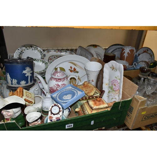 565 - FOUR BOXES OF MIXED CERAMICS AND GLASSWARE FROM NAMED MANUFACTURERS to include a blue Wedgwood Jaspe... 