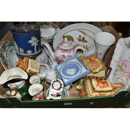 565 - FOUR BOXES OF MIXED CERAMICS AND GLASSWARE FROM NAMED MANUFACTURERS to include a blue Wedgwood Jaspe... 