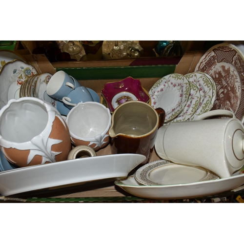 565 - FOUR BOXES OF MIXED CERAMICS AND GLASSWARE FROM NAMED MANUFACTURERS to include a blue Wedgwood Jaspe... 