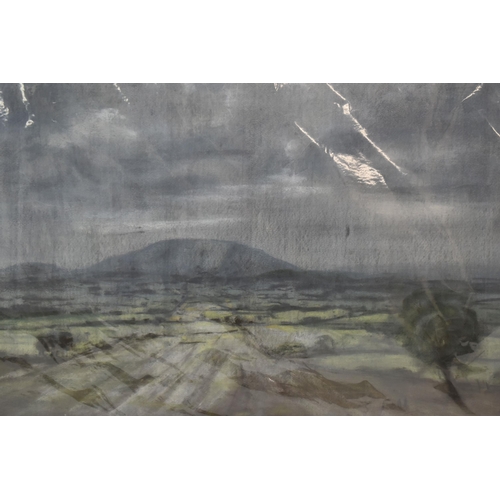 585 - SHEILA FELL (1931-1979) A RAINSWEPT LANDSCAPE, an extensive landscape with distant hill, signed bott... 