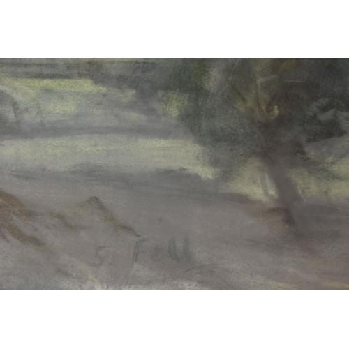 585 - SHEILA FELL (1931-1979) A RAINSWEPT LANDSCAPE, an extensive landscape with distant hill, signed bott... 