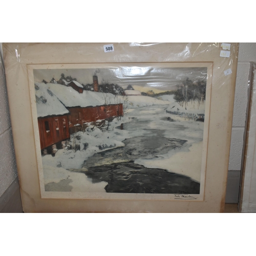 588 - FRITS THAULOW (1847-1906) 'LYSAKER RIVER IN WINTER', an open edition print produced for J. Casper of... 