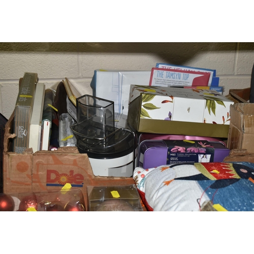 597 - SEVEN BOXES AND LOOSE MISCELLANEOUS HOMEWARE ETC. to include, Christmas decorations, Christmas tree ... 