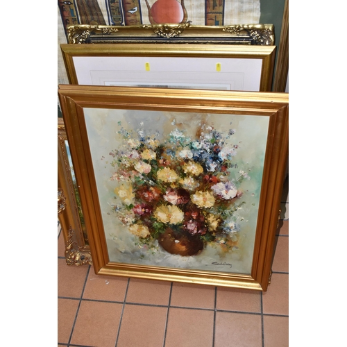 599 - A QUANTITY OF PAINTINGS AND PRINTS ETC, to include a floral still life oil on canvas signed Sarah An... 