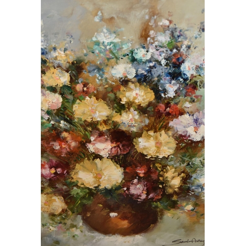 599 - A QUANTITY OF PAINTINGS AND PRINTS ETC, to include a floral still life oil on canvas signed Sarah An... 