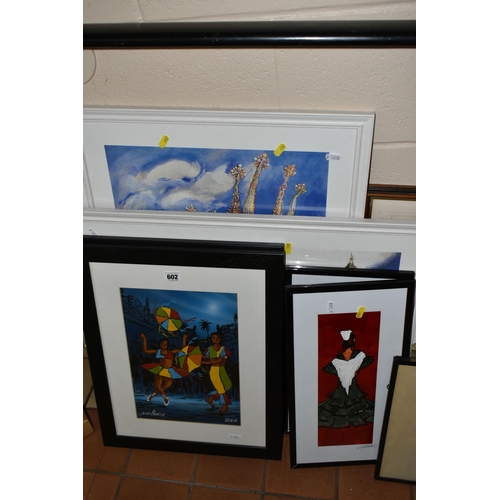 602 - A SMALL QUANTITY OF PICTURES AND PRINTS ETC, to include two mixed media works depicting a fishing vi... 