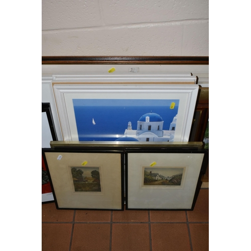 602 - A SMALL QUANTITY OF PICTURES AND PRINTS ETC, to include two mixed media works depicting a fishing vi... 