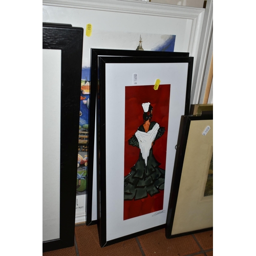 602 - A SMALL QUANTITY OF PICTURES AND PRINTS ETC, to include two mixed media works depicting a fishing vi... 