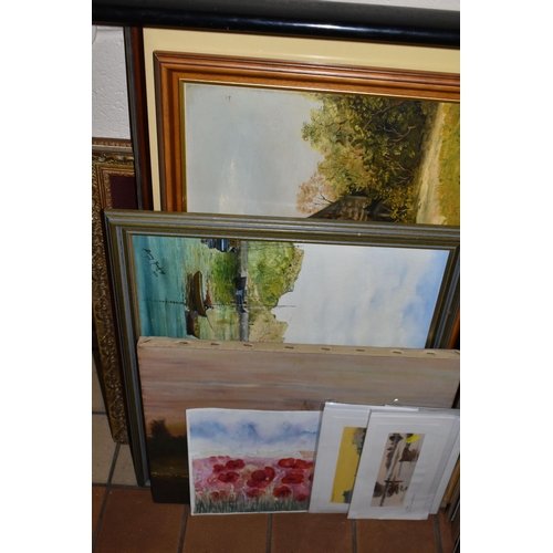 604 - A SMALL QUANTIY OF PICTURES AND PRINTS ETC, to include two Barry Renshaw oils on board depicting a h... 