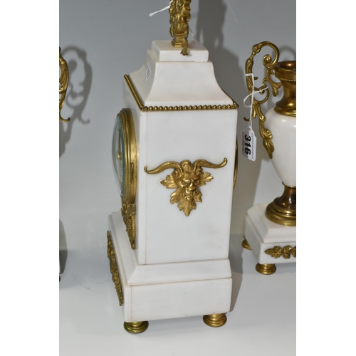 316 - AN ALABASTER AND GILT METAL CLOCK GARNITURE, the central clock flanked by two urns, case surmounted ... 