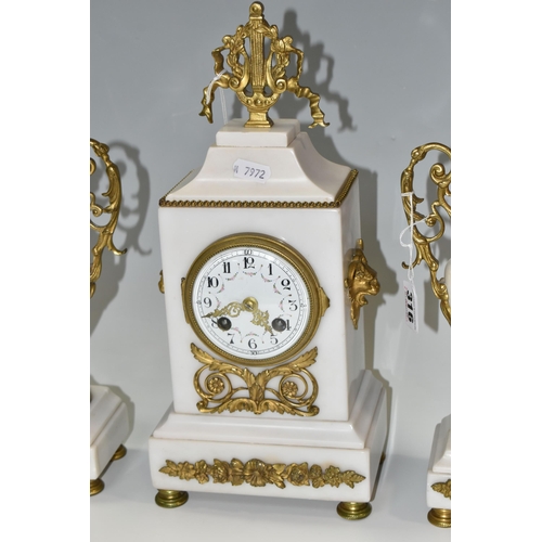 316 - AN ALABASTER AND GILT METAL CLOCK GARNITURE, the central clock flanked by two urns, case surmounted ... 