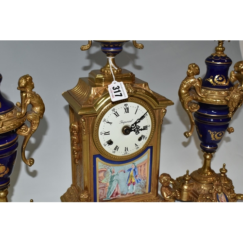 317 - AN ITALIAN CLOCK GARNITURE, gilt metal and ceramic, the garniture faux covered vases, all pieces dec... 