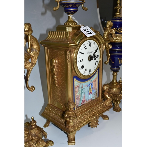 317 - AN ITALIAN CLOCK GARNITURE, gilt metal and ceramic, the garniture faux covered vases, all pieces dec... 