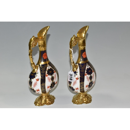 318 - A PAIR OF ROYAL CROWN DERBY OLD IMARI 1128 SOLID GOLD BAND SWAN NECKED VASES, height 26cm (2) (Condi... 