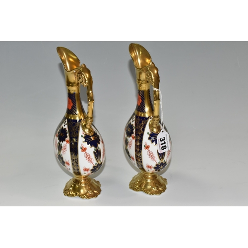 318 - A PAIR OF ROYAL CROWN DERBY OLD IMARI 1128 SOLID GOLD BAND SWAN NECKED VASES, height 26cm (2) (Condi... 