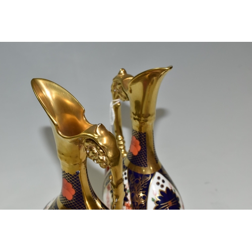 318 - A PAIR OF ROYAL CROWN DERBY OLD IMARI 1128 SOLID GOLD BAND SWAN NECKED VASES, height 26cm (2) (Condi... 