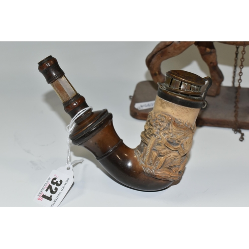 321 - A MEERSCHAUM PIPE AND A FIGURE OF A HORSE, the meerschaum pipe carved with a running dog, with brass... 