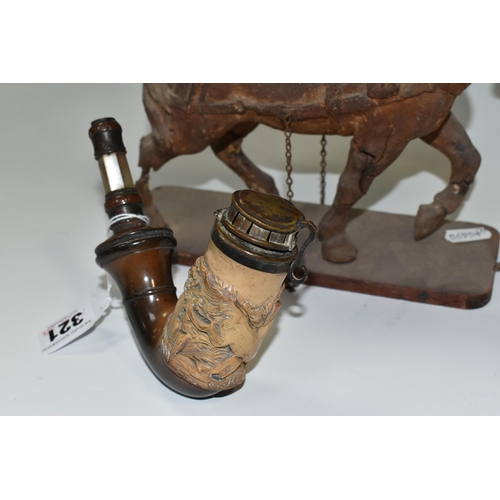 321 - A MEERSCHAUM PIPE AND A FIGURE OF A HORSE, the meerschaum pipe carved with a running dog, with brass... 