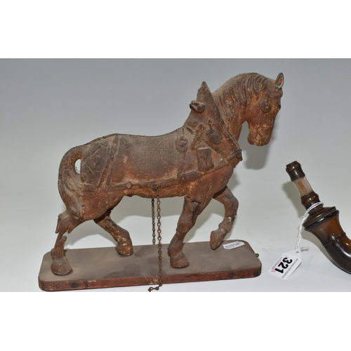 321 - A MEERSCHAUM PIPE AND A FIGURE OF A HORSE, the meerschaum pipe carved with a running dog, with brass... 