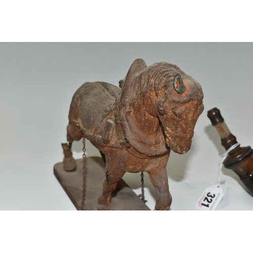 321 - A MEERSCHAUM PIPE AND A FIGURE OF A HORSE, the meerschaum pipe carved with a running dog, with brass... 