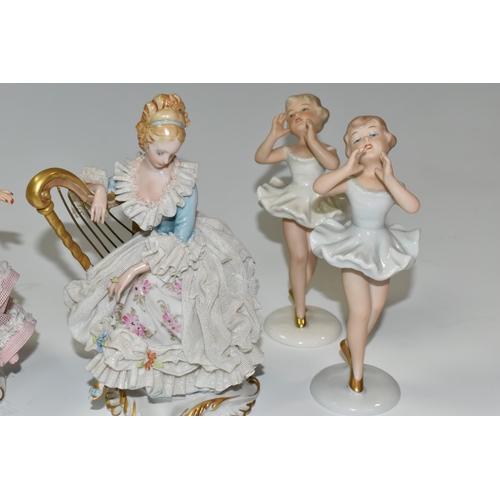 323 - FIVE CONTINENTAL PORCELAIN FIGURES, comprising three Wallendorf figures of dancers, height of talles... 