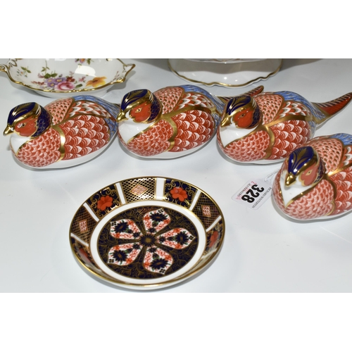 328 - A COLLECTION OF ROYAL CROWN DERBY, comprising an Imari 1128 trinket dish, four Pheasant paperweights... 