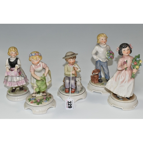 329 - FIVE GOEBEL BLUMENKINDER FIGURES, comprising Apronful of Flowers 225/7/51, St Valentine's Messenger ... 